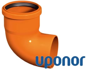Uponor bøjning glat PP 88° i rødbrun polypropylen til 160mm rør med sort tætningsring og Uponor logo.