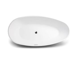 Fritstående badekar i mat hvid akryl, 1800x900 mm, set fra oven med krom bundventil og overløb.