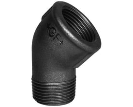 Georg Fischer 45° vinkel i støbejern med indvendigt og udvendigt gevind på 1½" for varmeanlæg.