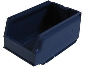 Bagsiden af Arca forrådsbakke 9074 i mørkeblå plast, der viser dens kompakte design og stabelbare egenskaber.