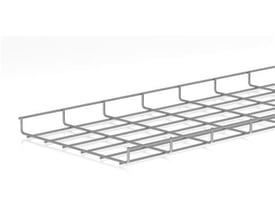 Gitterbakke i galvaniseret stål med målene 35 mm i højden og 300 mm i bredden, vist på hvid baggrund.