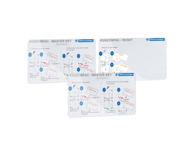 Schneider Electric konfigurationskit med to XGSCNFAC master tags og én XGSCNFAC reset tag, der viser opsætning af RFID læsere og brugeradgang.