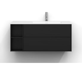 Svedbergs Epos underskab i sort ask, 100 x 45 cm, med to skuffer og åbne rum til venstre, vist under en hvid håndvask.