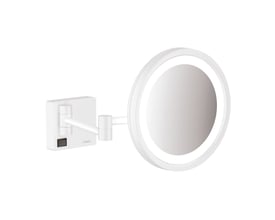 Hansgrohe AddStoris makeup spejl med LED-lys, 3x forstørrelse og justerbar arm i mat hvid metal.