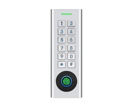 Zafe KEY kodetastatur i rustfrit stål med numeriske taster og rund fingeraftrykslæser set forfra.