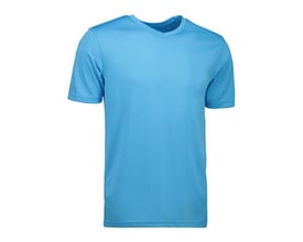 ID Identity T-shirt i cyanblå med V-hals og korte ærmer, lavet af svedtransporterende materiale.