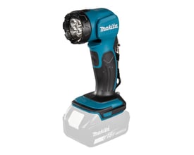 Makita akku lampe DML815 i turkis og sort, med fire LED-pærer og et 18V batteri-interface.