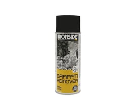 Ironside graffitifjerner i 400 ml spraydåse med sort låg og gul etiket, hvor graffiti på mursten er vist.