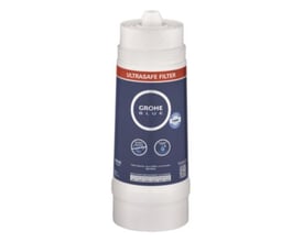 Grohe Blue UltraSafe filter i hvid plast med mørkeblåt mærkat og teksten "Ultrasafe Filter", egnet til filtrering af op til 3000 liter vand.
