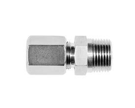 Syrefast union med 6 mm og 3/8'' NPT gevind i rustfrit stål, egnet til 200 bar og ekstreme temperaturer.
