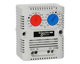 Schneider Electric ClimaSys CC dobbelt termostat NO NC med temperaturvisning i °F og justeringsruller i rød og blå.