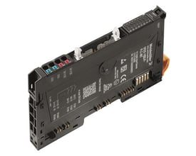 Weidmüller UR20-16DI-P-PLC-INT digital input modul med 16 inputs og 24V DC forsyning, vist fra siden med tydelige mærkninger og tilslutningsterminaler.