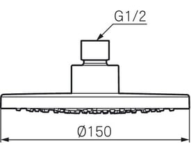 Teknisk tegning af Mora Cera bruserhoved med dimensioner Ø150 mm og G1/2 tilslutning, krom finish.