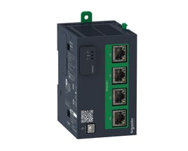 Schneider Electric Smart Modul Ethernet TMSES4 med fire RJ45 porte til M262 controlleren, viser grønne porte og mørkegrå enhed.