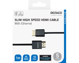Deltaco HDMI-kabel i sort med HDMI-stik i begge ender, vist på emballagen med oplysninger om 1 meter og 4K.