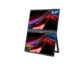 Verbatim Portable 15.6" FHD Dual Monitor Essentials med to skærme stablet vertikalt, klar til brug på hvid baggrund.