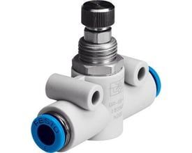 Festo drøvle-kontraventil GR-QS-4 med QS-4 pneumatisk tilslutning og justerbar flow via riflet skrue. Ventilen er hvid med blå detaljer.