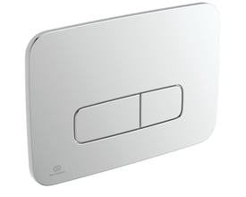 Set fra siden, Ideal Standard OLEAS betjeningsplade i forkromet finish med integreret Ideal Standard logo på den blanke overflade.