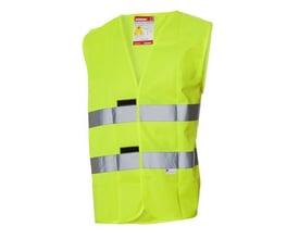 Gul trafikvest fra Activewear i klasse 2 med to sølvfarvede refleksbånd og velcrolukning, set forfra.