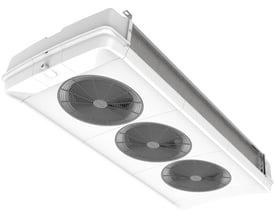 Fordamper NTA C 7L med EC4-motor og CO2 vises skråt nedefra med ventilatorer og kølelameller langs siden.
