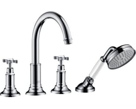 Hansgrohe AXOR Montreux 4-huls kararmatur i krom med buet tud, to ventilgreb og håndbruser.