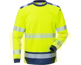 Kansas Fristads HiVis t-shirt i gul og marineblå, str. XS, med reflekser og ribstrik ved ærmer og halsudskæring.