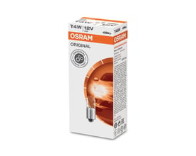Emballagen til OSRAM Original T4W 3893 12 V signallampe med illustration af pæren og en bil.