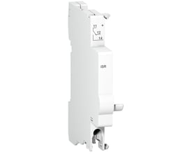 Schneider Electric overspændingsafleder iSR signalkontakt i hvid plast, med tydelige markeringer for tilslutning.