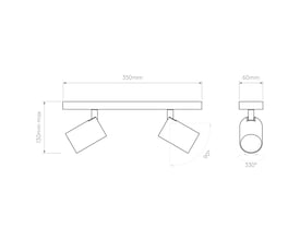 Teknisk tegning af Astro Ascoli Twin loft/væg lampe, der viser dimensioner som 350mm bredde, 130mm højde og 60mm dybde.