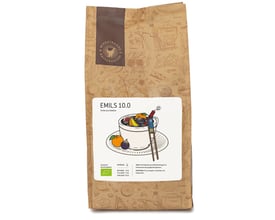 Emils 10.0 EKO espressobønner i en 1000g brun papirspose med illustration af frugt og kaffekop, økologisk certificeret.