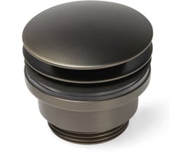 Pop Up bundventil i Gun Metal finish med 1 1/4" gevind, vist på hvid baggrund, fremhæver den elegante overflade og mekanisme.