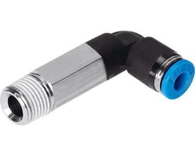 Festo QSLL-1/8-6 vinkel-forskruning i metal og sort plast med blå push-in forbindelse, vist mod en hvid baggrund.