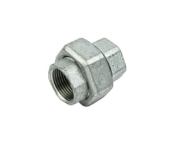 Unico galvaniseret muffe/muffe union med 1/2" gevind på begge sider, isoleret på hvid baggrund.