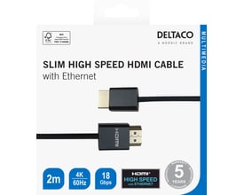 Deltaco ultratyndt sort HDMI-kabel på 2 meter vist på emballagen med mærke og kabelstik.