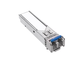 Schneider Electric M580 Hotstandby singlemode fiber konnektor med blå udløserarm på hvid baggrund.