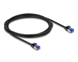 DeLock RJ45 netværkskabel Cat.6A S/FTP Slim på 2 meter i sort, med blå og metalliske RJ45 stik.