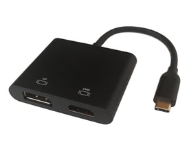 Deltaco USB-C MST HUB i sort med DisplayPort og HDMI-udgange samt USB-C hanstik på 0,1 meter kabel.