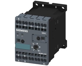 Siemens 3RP2 tidsrelæ med 1CO kontakt og multifunktion, viser justeringsskiven til tidsinterval fra 0,05s til 100 timer.