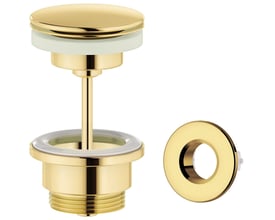 Damixa push-up bundventil i poleret messing (PVD) med en diameter på 63 mm og medfølgende push-up top og bunddel på hvid baggrund.