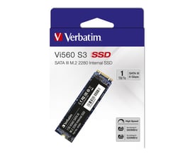 Verbatim Vi560 S3 M.2 SSD med 1TB lagerkapacitet, SATA III 6Gbps og M.2 2280 formfaktor i blå farve.