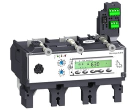 Schneider Electric Micrologic relæ med 6.3A, 3 polet og 400A, vist med digital skærm og justeringsknapper.