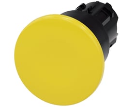 Siemens rund paddehattrykknap i gul plastik med 40mm diameter og sort bagmontering.