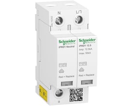 Schneider Electric overspændingsafleder iPRD 12.5r 1PN i hvidt og gråt design med tydelig mærkning af neutral og fase samt tekniske specifikationer.
