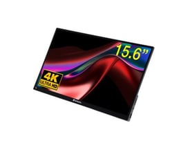 Verbatim bærbar touchskærm på 15,6" med 4K Ultra HD opløsning og sort metalkabinet på hvid baggrund.