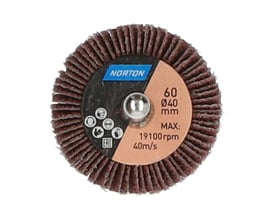 Norton Metal R207PLUS slibevift på skaft med brun lamelskive, P60-korn og diameter på 40 mm, set forfra.