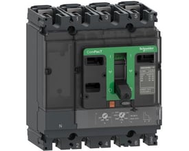 Schneider Electric ComPacT NSX100N 4-polet maksimalafbryder med 32A termisk-magnetisk udløserenhed og grønt håndtag. Den mørkegrå enhed har tydelige terminaler og mærkat med tekniske specifikationer.