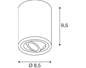 Teknisk tegning af SLV TRILEDO ROUND CL loftlampen, viser dimensioner: 8,5 cm diameter og 9,5 cm højde, med angivelse af justerbar funktion.