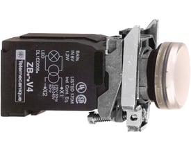 Schneider Electric Harmony Style 4 hvid lampe til 230V, vist med tæt på enhedernes label og monteringsmekanisme.