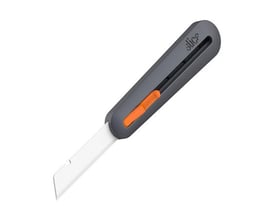 Slice® manuel industrikniv med gråt nylongreb og et langt, hvidt blad på en hvid baggrund.