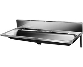 Intra Juvel P120V vaskerende i rustfrit stål med bagplade og vægmontering, vist fra venstre side.